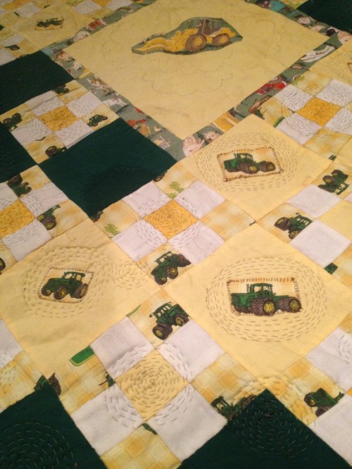 This first effort was entirely hand pieced, quilted, and finished - it is full of mistakes and has a bit of a random feel to it, but I don't think I could have made one that was much farmier... 