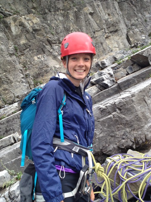 Anne Belay ready to play out rope as our fearless leader starts moving up the slab, hauling ropes behind him that will later be used to prevent either of us from sliding backwards off the mountain. 