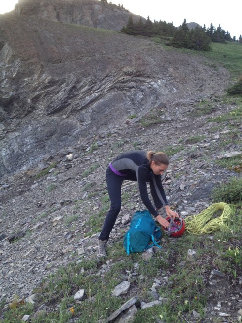 Packing up the gear at the top of the scree slope